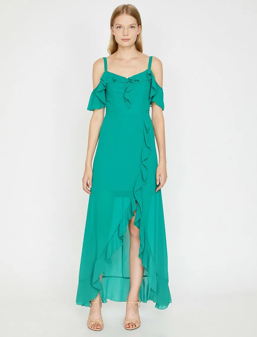 15176 Green Ruffle Slit Dress
