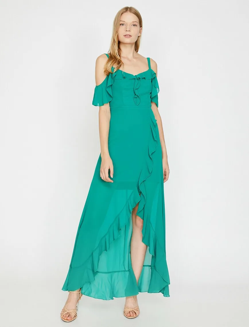 15176 Green Ruffle Slit Dress