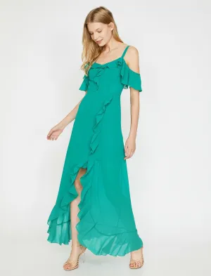 15176 Green Ruffle Slit Dress