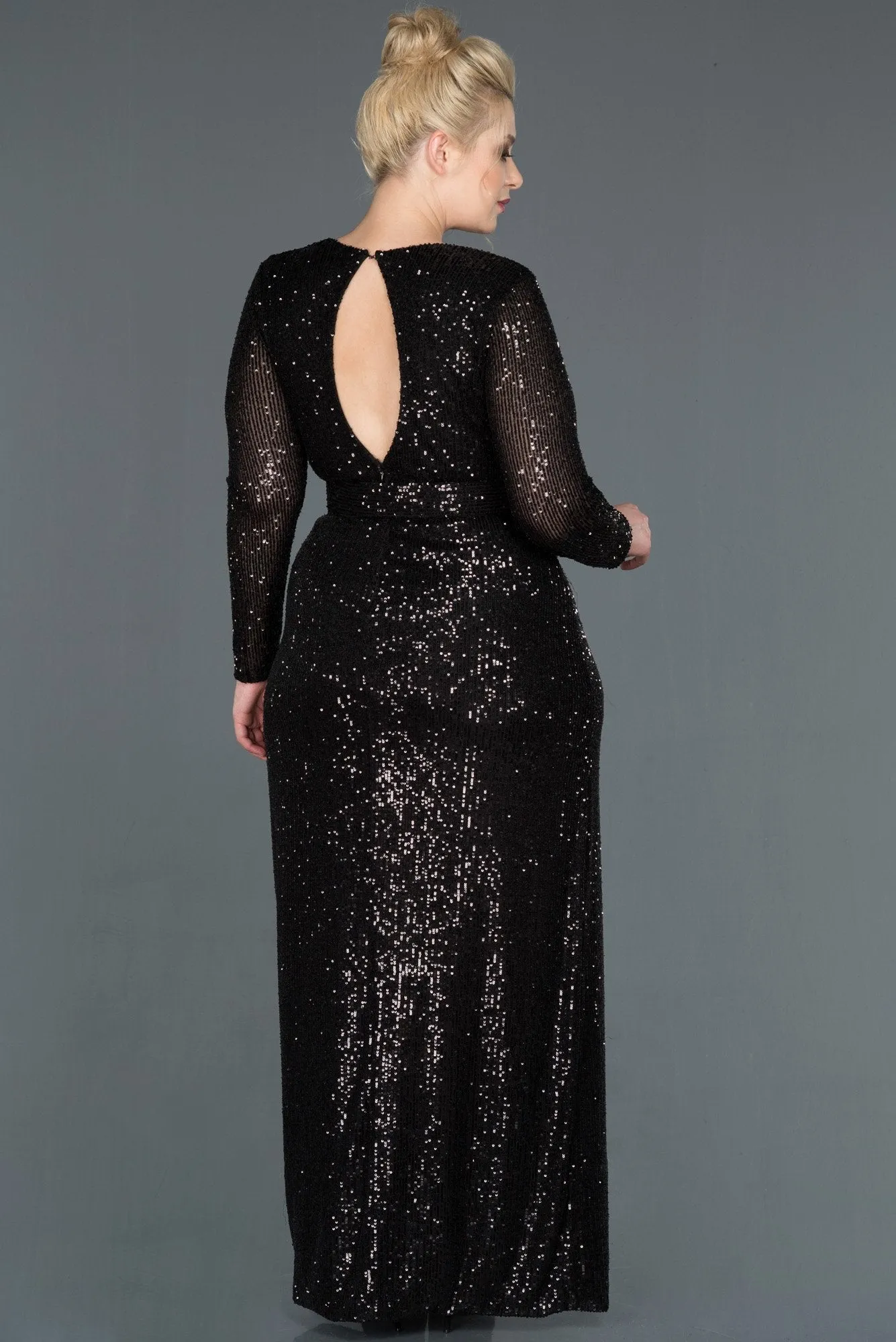 15693 Black Draped Belted Sequins Slit Dress