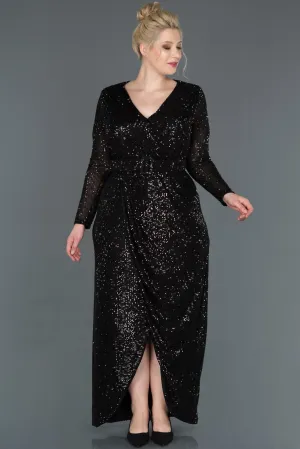 15693 Black Draped Belted Sequins Slit Dress