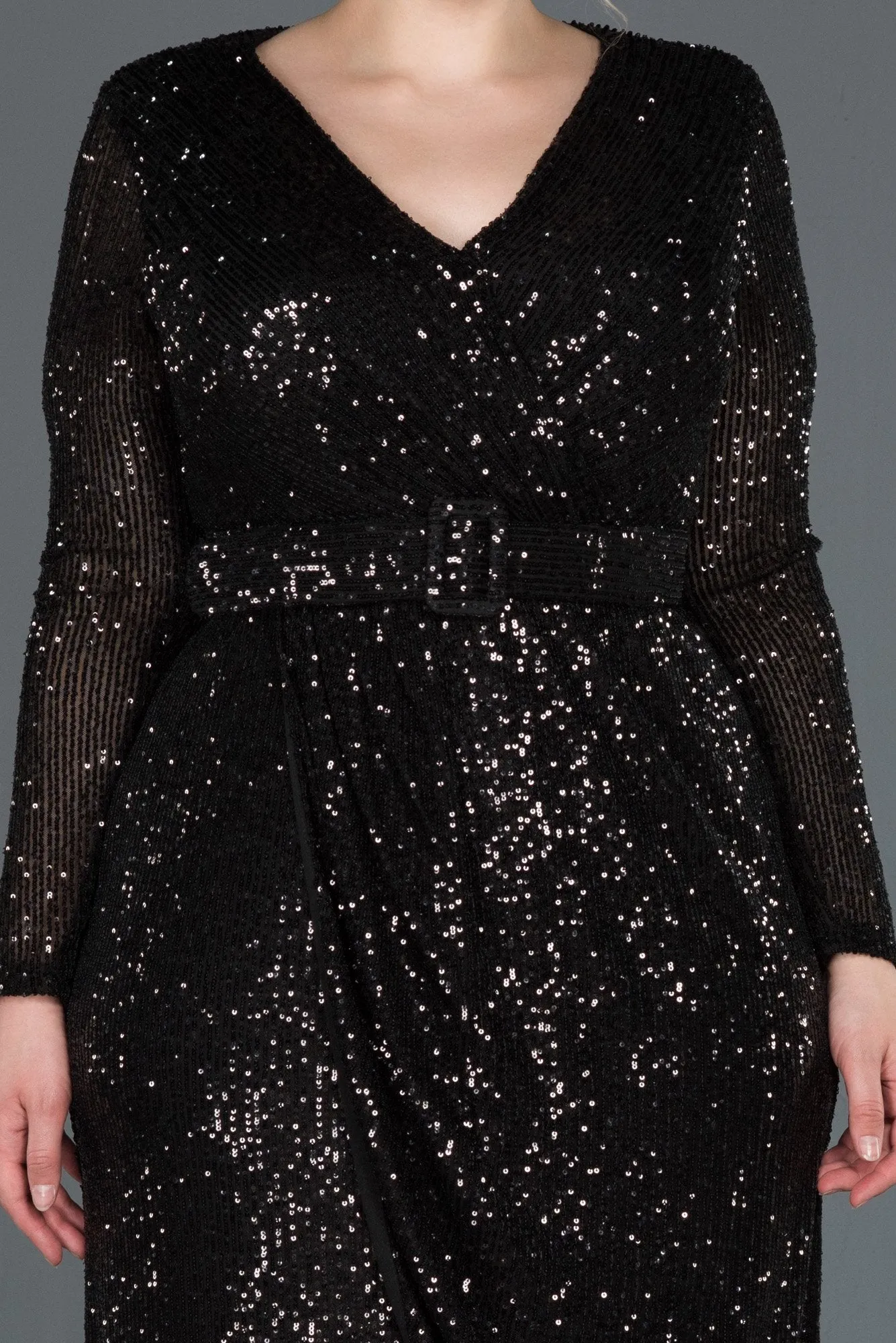 15693 Black Draped Belted Sequins Slit Dress