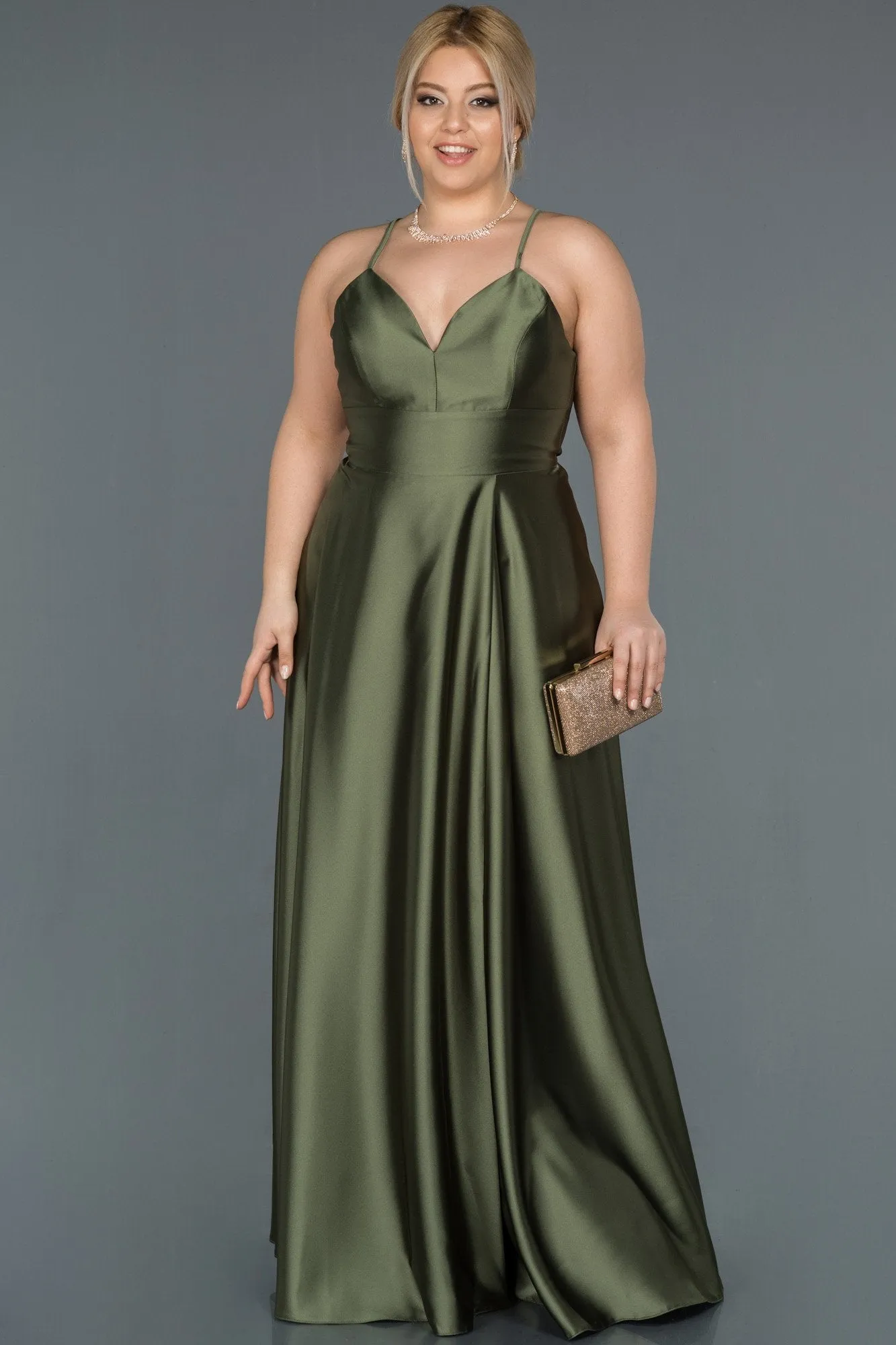 16568 Olive Green Cross Strap Satin Dress