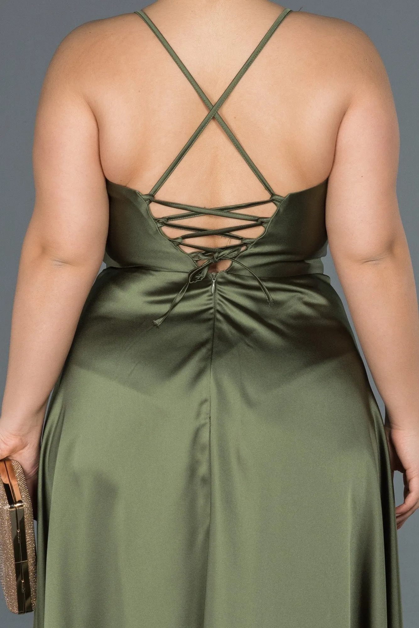 16568 Olive Green Cross Strap Satin Dress