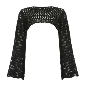 Aiertu Women Y2k Crochet Knit Hollow Out Crop Top Long Flared Sleeve Shrug Sweater Mesh Cover Ups Cardigan Streetwear Pullover Women