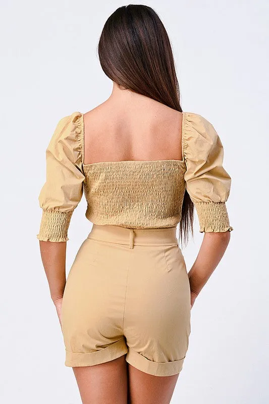 BELTED SWEETHEART PUFF SLEEVED ROMPER