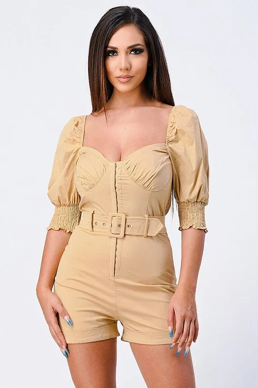 BELTED SWEETHEART PUFF SLEEVED ROMPER