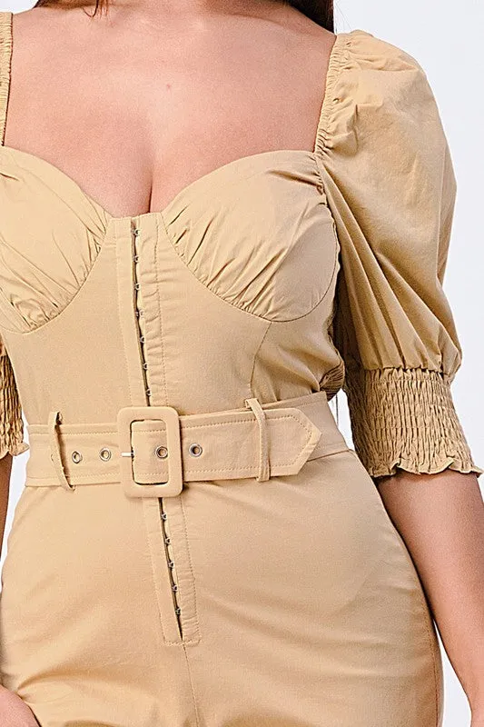 BELTED SWEETHEART PUFF SLEEVED ROMPER