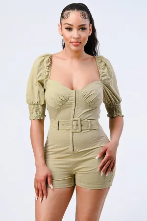 BELTED SWEETHEART PUFF SLEEVED ROMPER