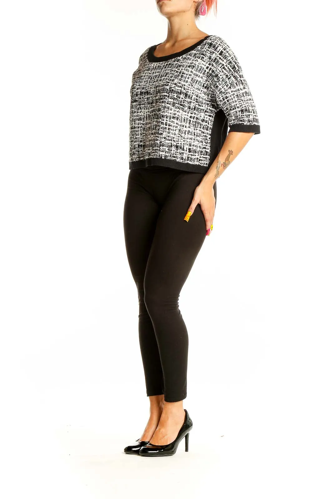 Black and White Textured Crop Sweater