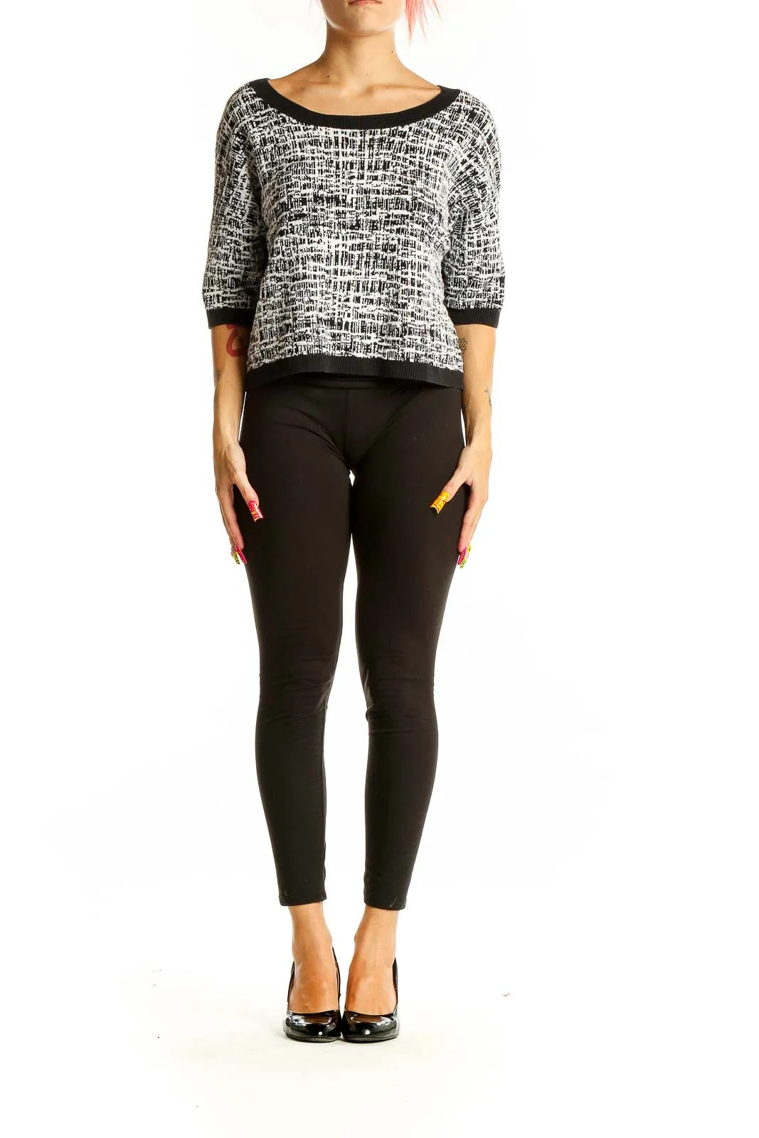 Black and White Textured Crop Sweater