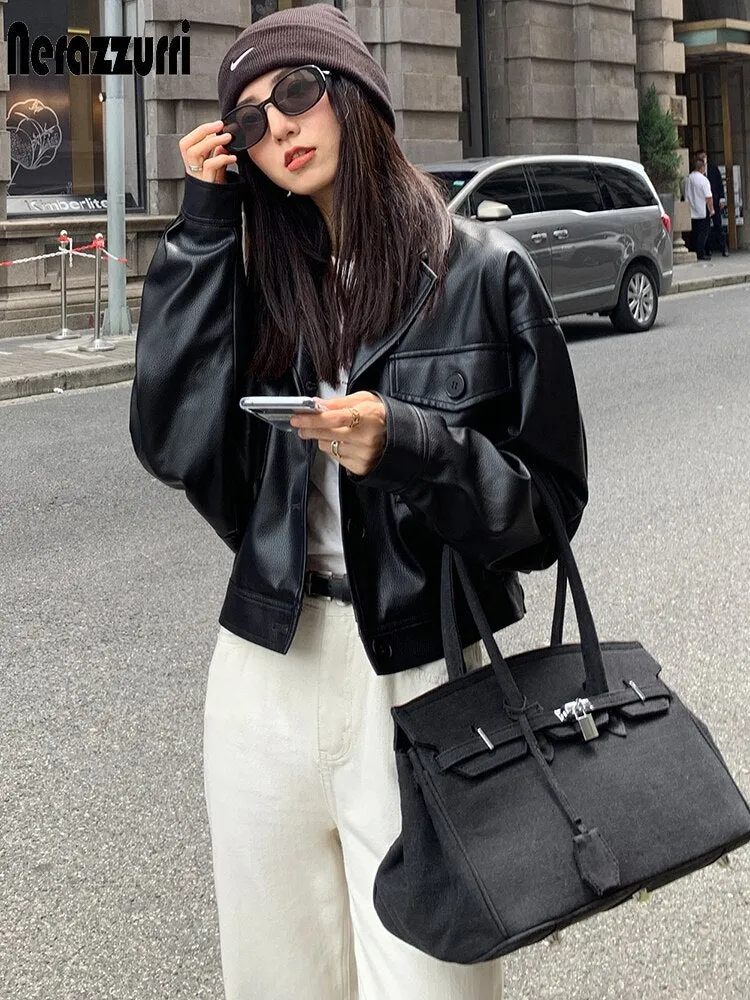 Black Leather Jacket | Women Leather Jacket | Long Sleeve Pockets Button Jacket | Korean Style Jacket | Drop Shoulder Jacket | Short Jacket