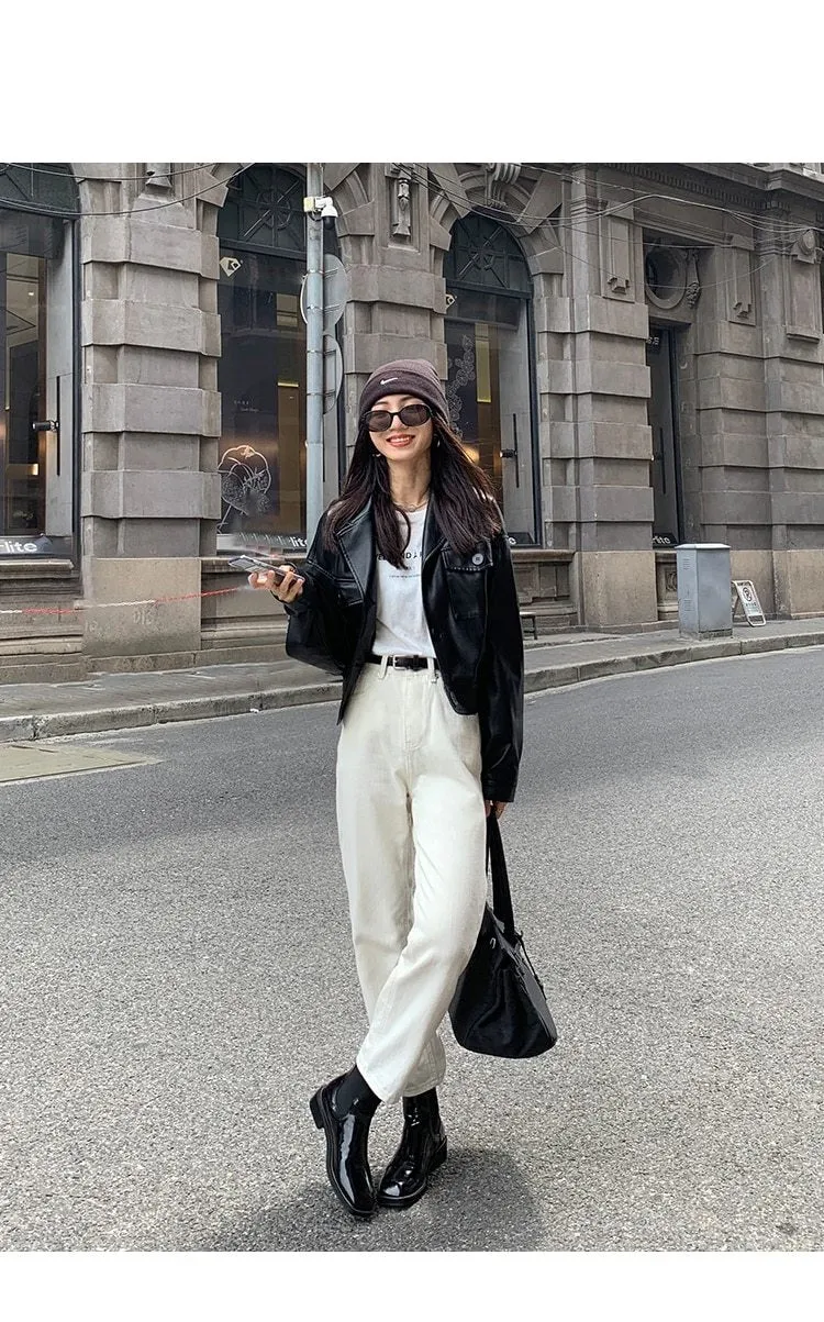 Black Leather Jacket | Women Leather Jacket | Long Sleeve Pockets Button Jacket | Korean Style Jacket | Drop Shoulder Jacket | Short Jacket