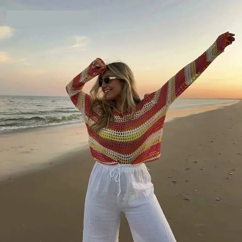 Boho Beauty Striped Crochet Sweater for Sunny Days