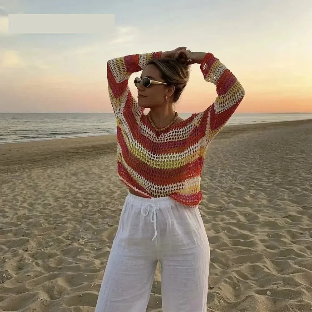 Boho Beauty Striped Crochet Sweater for Sunny Days
