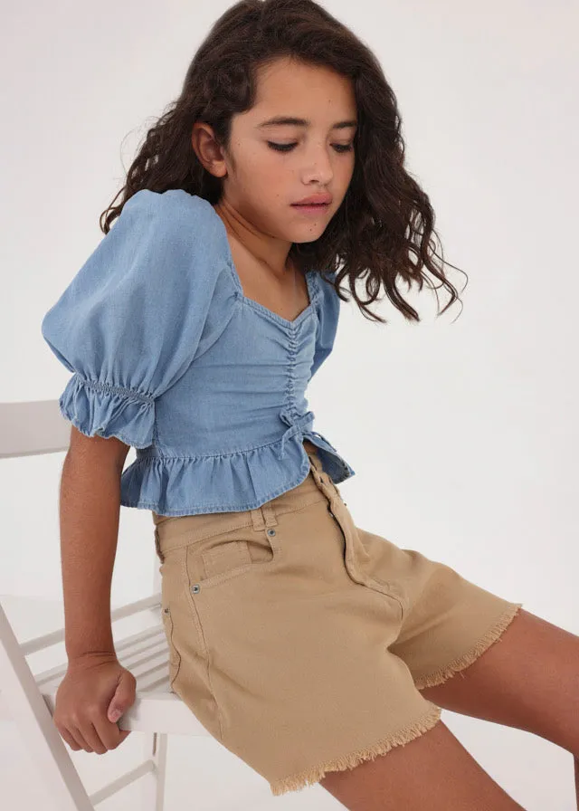 Camel Denim Fray Shorts