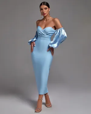 Ciara bandage dress- Blue midi length dress with off the shoulder balloon sleeves