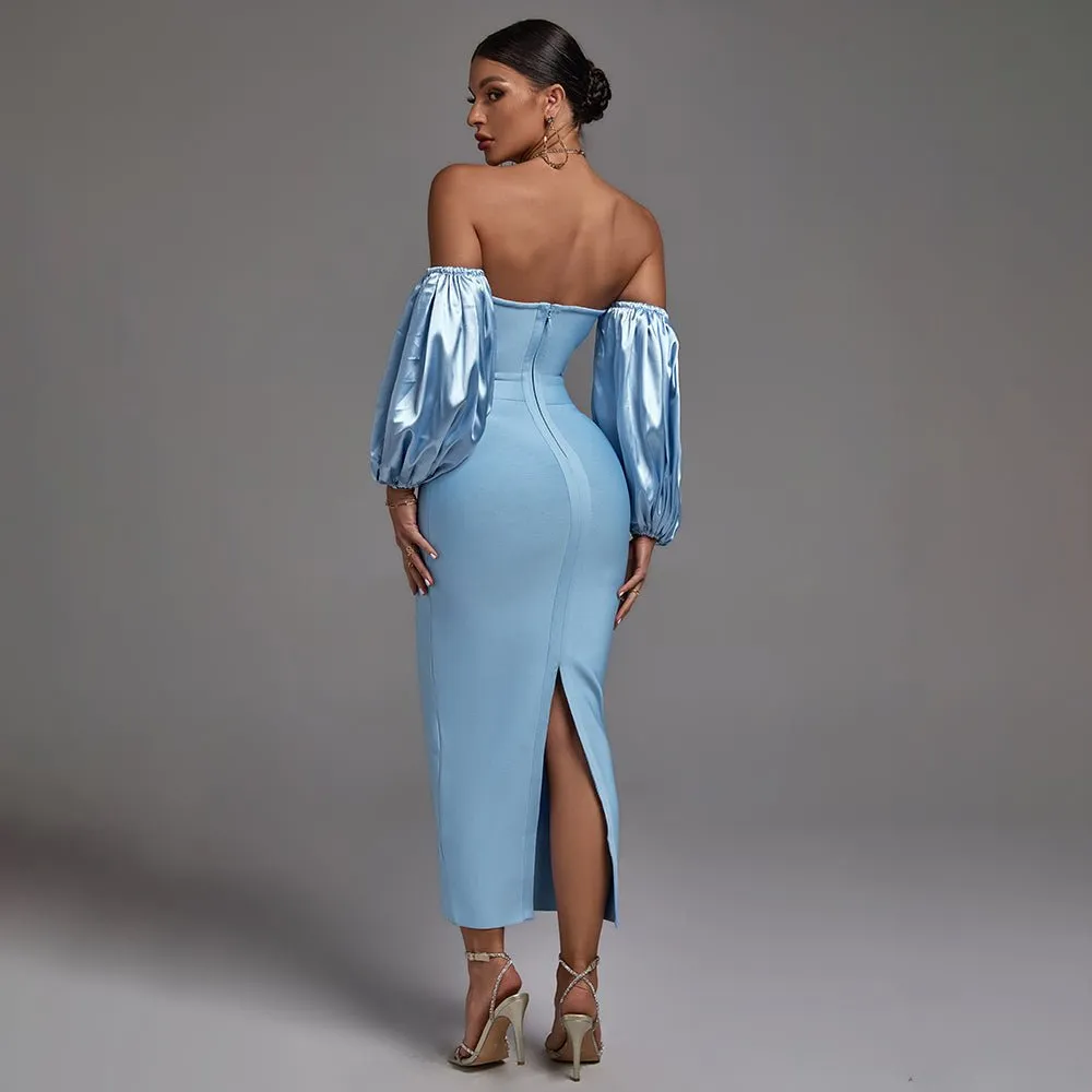 Ciara bandage dress- Blue midi length dress with off the shoulder balloon sleeves