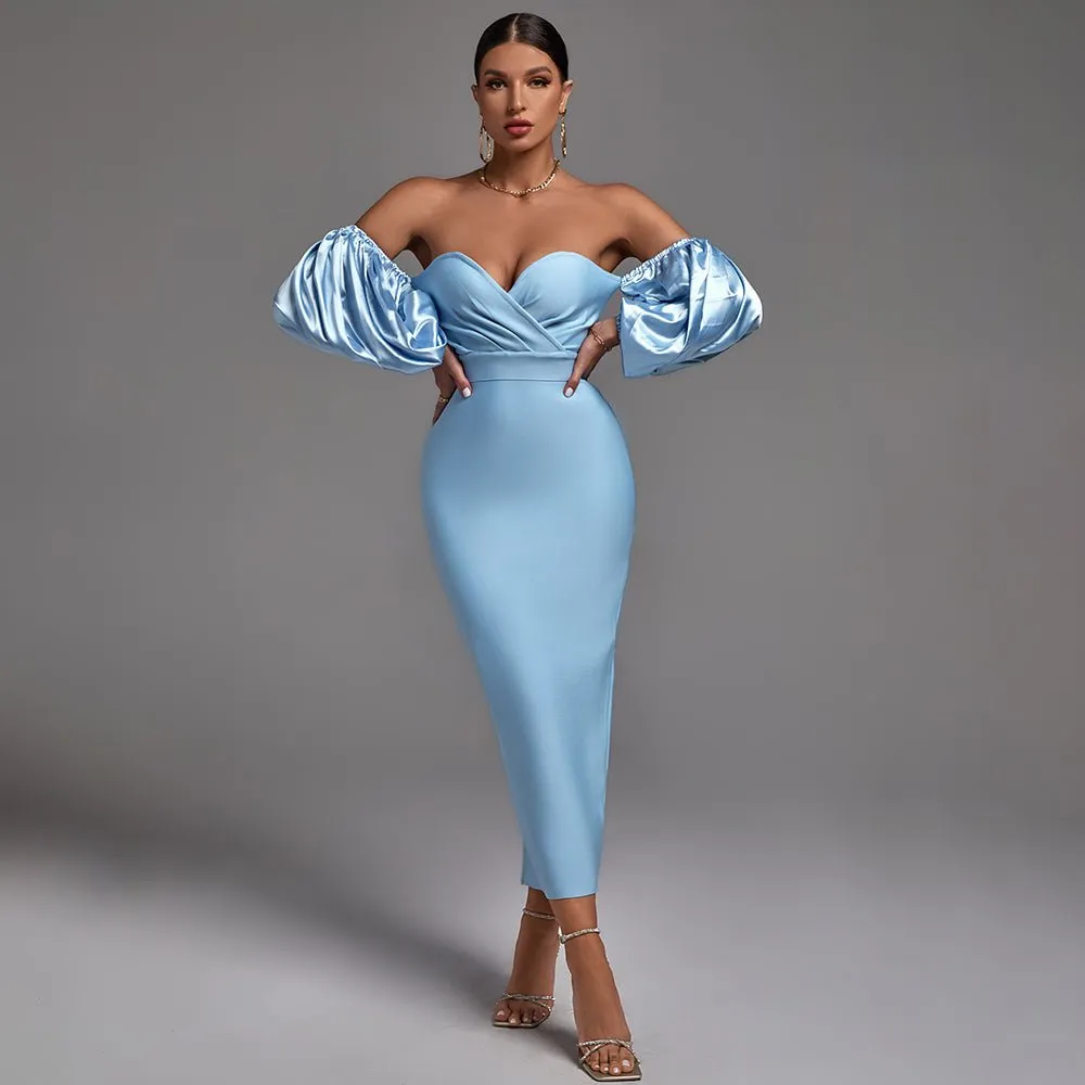 Ciara bandage dress- Blue midi length dress with off the shoulder balloon sleeves