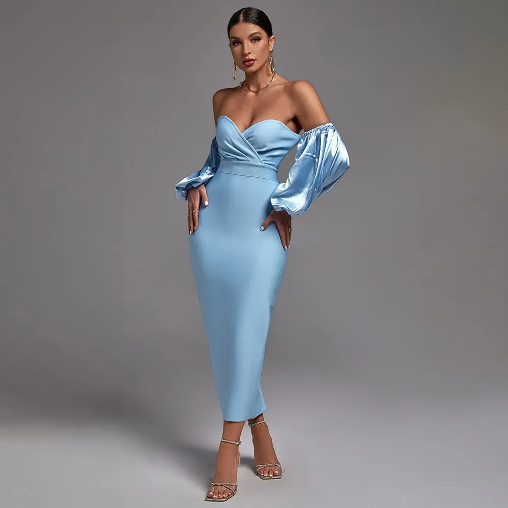 Ciara bandage dress- Blue midi length dress with off the shoulder balloon sleeves