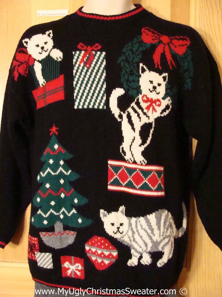 Crazy Cat Lady' Tacky Christmas Sweater Party Ugly Sweater with Cats Getting Into the Christmas Decorations (f939)