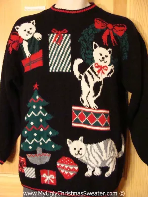 Crazy Cat Lady' Tacky Christmas Sweater Party Ugly Sweater with Cats Getting Into the Christmas Decorations (f939)