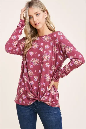 Dark Mauve Floral Twist Hem Top