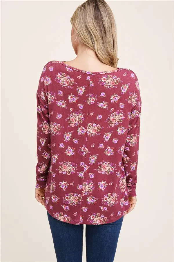 Dark Mauve Floral Twist Hem Top