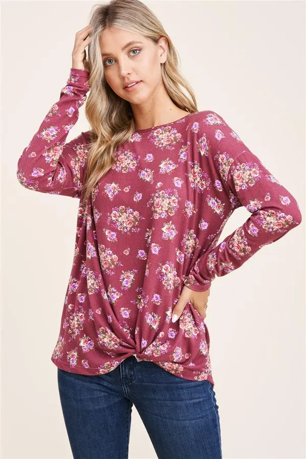 Dark Mauve Floral Twist Hem Top
