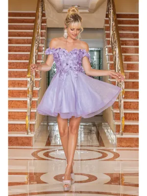 DQ 3254 - Off the Shoulder Short Homecoming Dress with 3D Floral Applique Lace Up Corset Back & Glitter Tulle Skirt