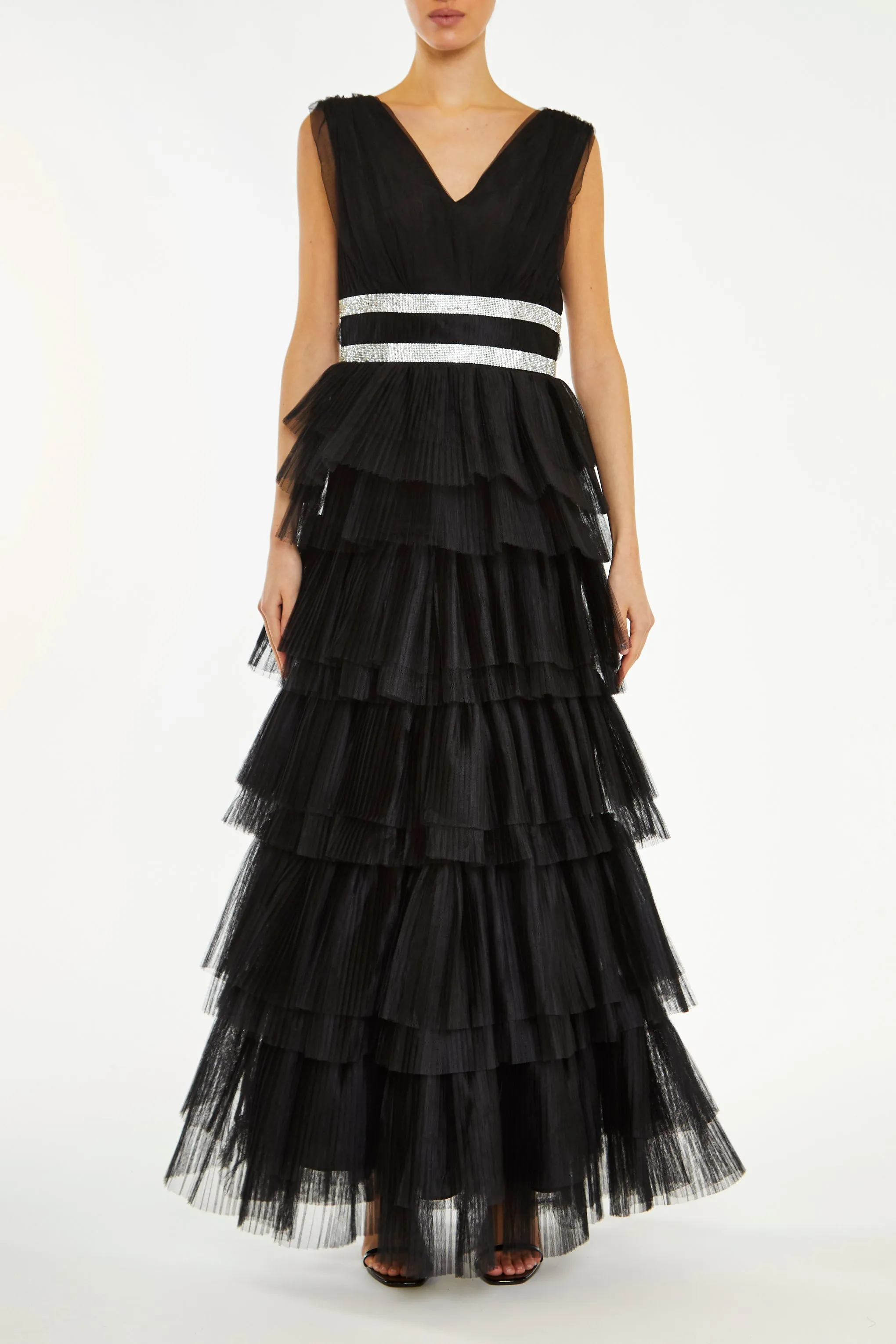 Elizabeth Black Diamante Belted Tulle Maxi Dress