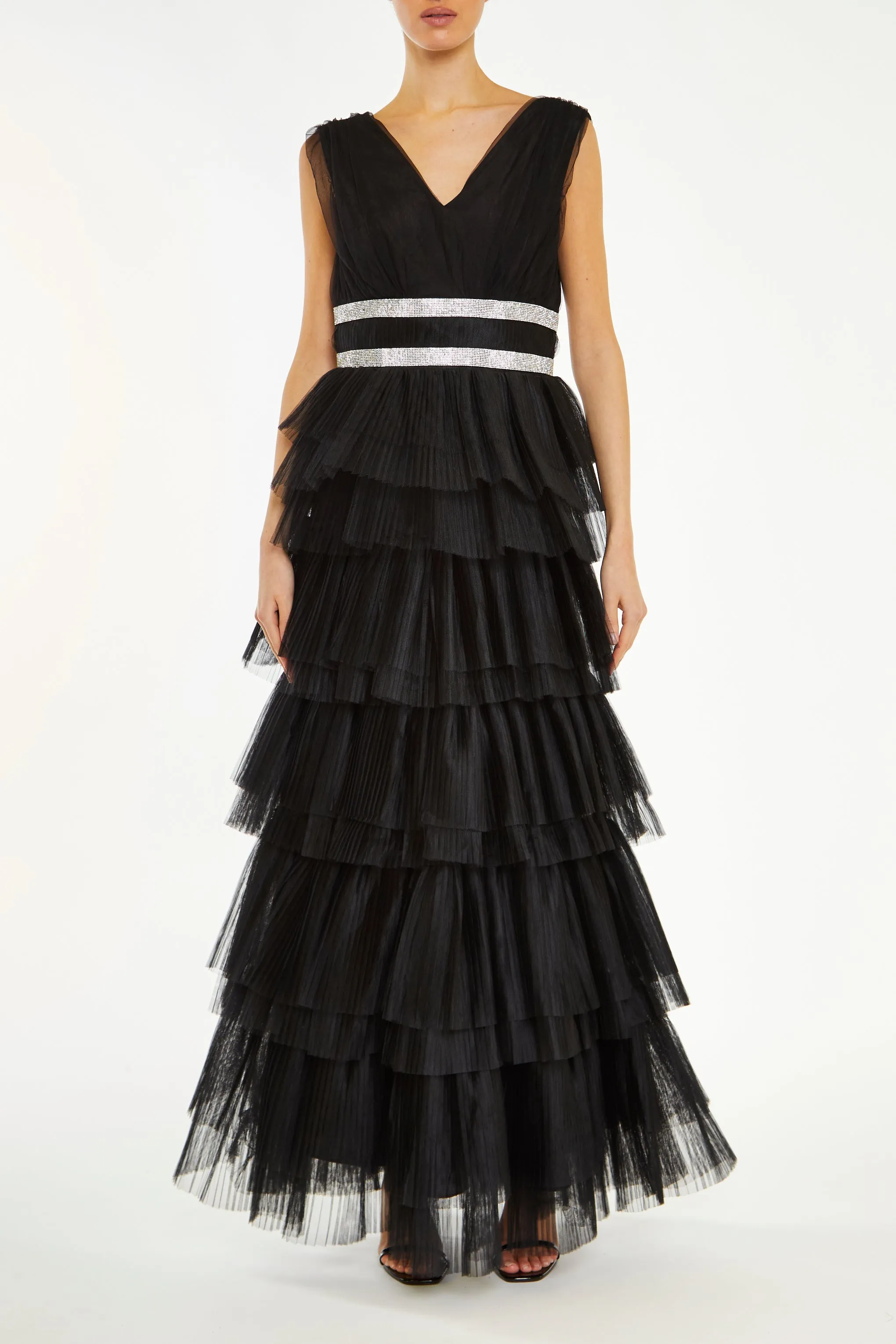 Elizabeth Black Diamante Belted Tulle Maxi Dress