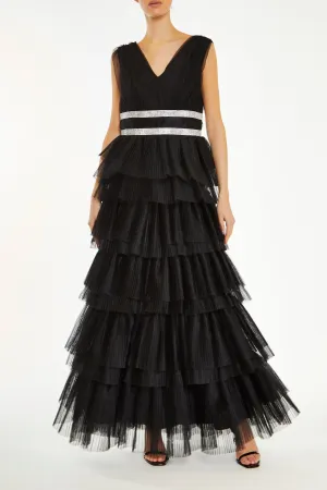 Elizabeth Black Diamante Belted Tulle Maxi Dress
