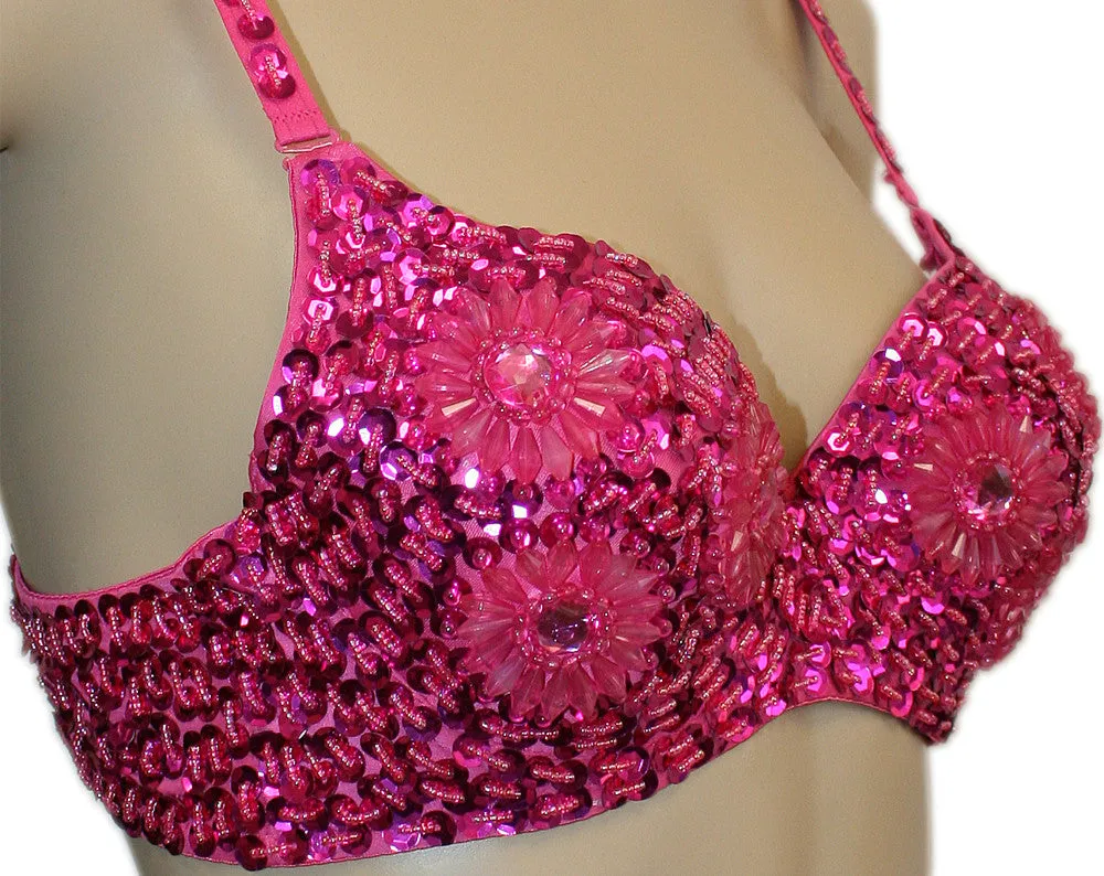 Exotic Floral Embellished Sequin Bra Top, Belly Dance, Halloween Costume
