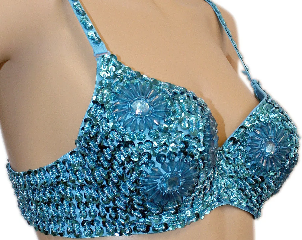 Exotic Floral Embellished Sequin Bra Top, Belly Dance, Halloween Costume