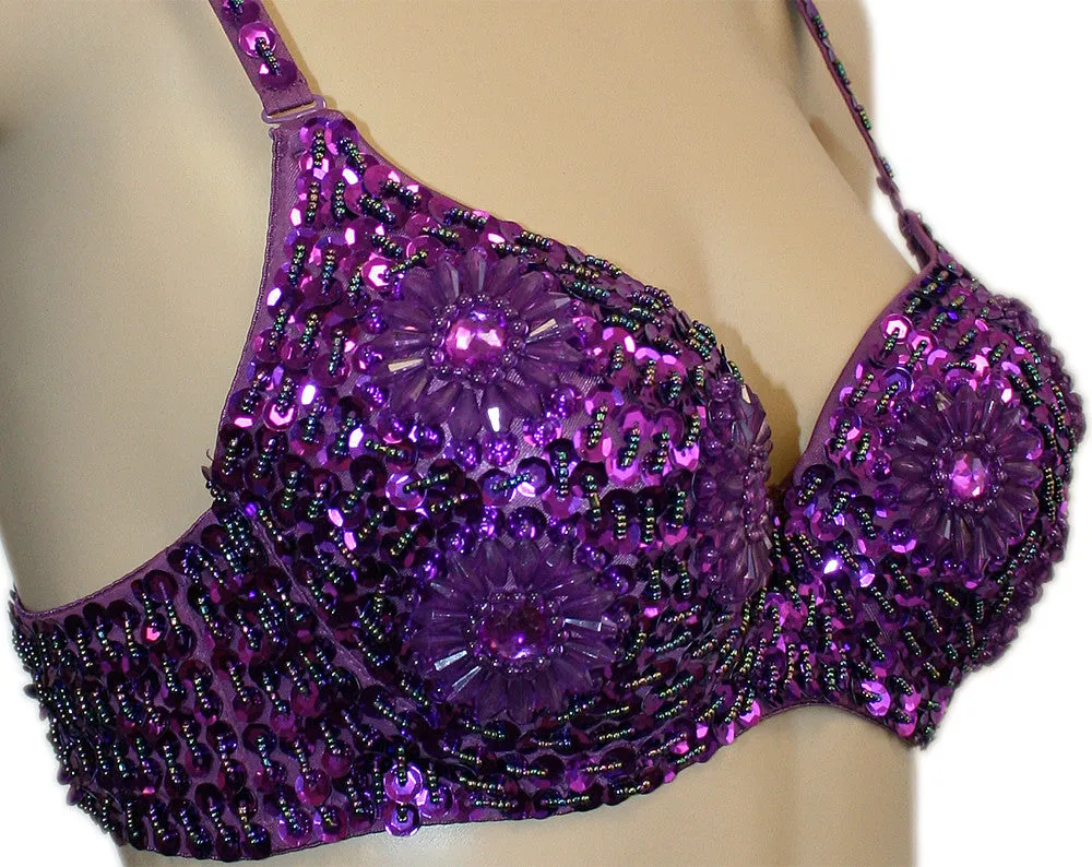 Exotic Floral Embellished Sequin Bra Top, Belly Dance, Halloween Costume