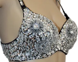 Exotic Floral Embellished Sequin Bra Top, Belly Dance, Halloween Costume