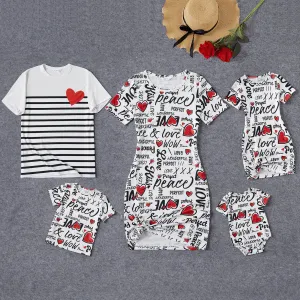 Family Matching Allover Heart & Letter Print Twist Knot Bodycon Dresses and Short-sleeve Striped T-shirts Sets