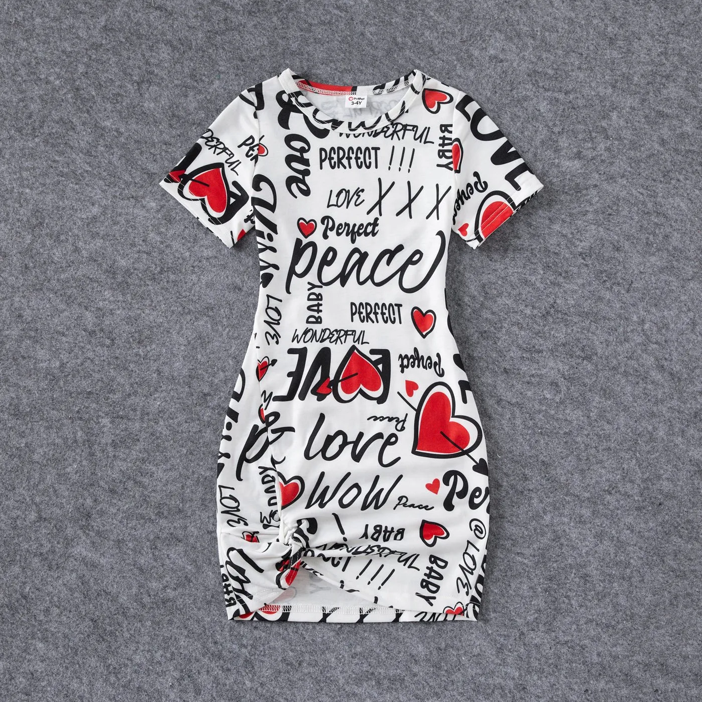 Family Matching Allover Heart & Letter Print Twist Knot Bodycon Dresses and Short-sleeve Striped T-shirts Sets