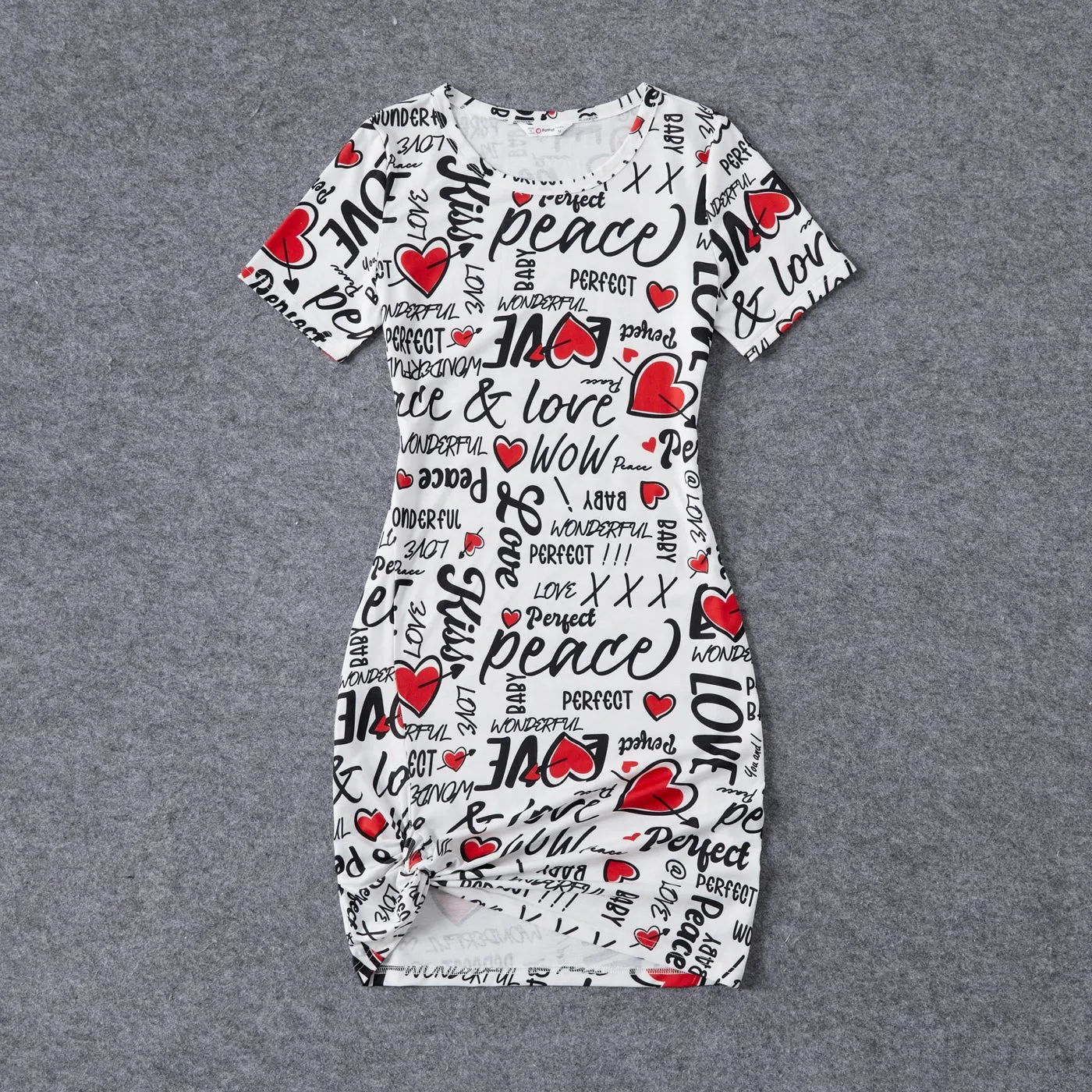 Family Matching Allover Heart & Letter Print Twist Knot Bodycon Dresses and Short-sleeve Striped T-shirts Sets