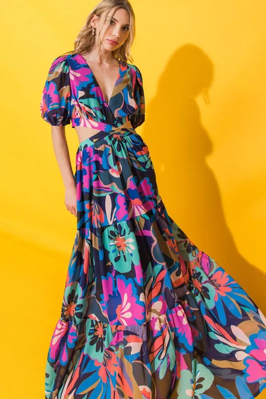 Flying Tomato-Women's Black Floral open back dress