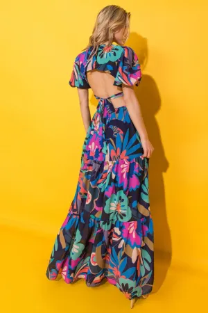 Flying Tomato-Women's Black Floral open back dress