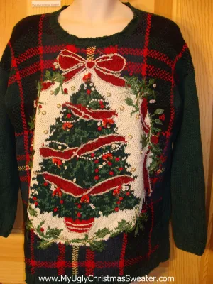 Funny Ugly Christmas Sweater 80s Green Plaid with Tree