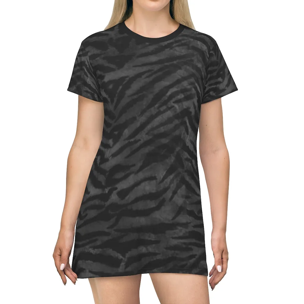Gray Tiger Striped T-Shirt Dress, Animal Print Crew Neck Long Tee Shirt Dress - Made in USA