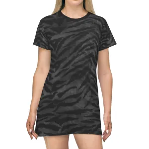 Gray Tiger Striped T-Shirt Dress, Animal Print Crew Neck Long Tee Shirt Dress - Made in USA