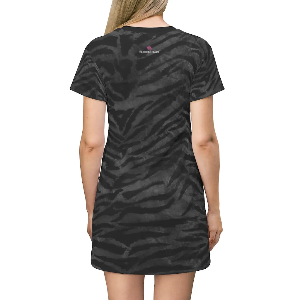Gray Tiger Striped T-Shirt Dress, Animal Print Crew Neck Long Tee Shirt Dress - Made in USA