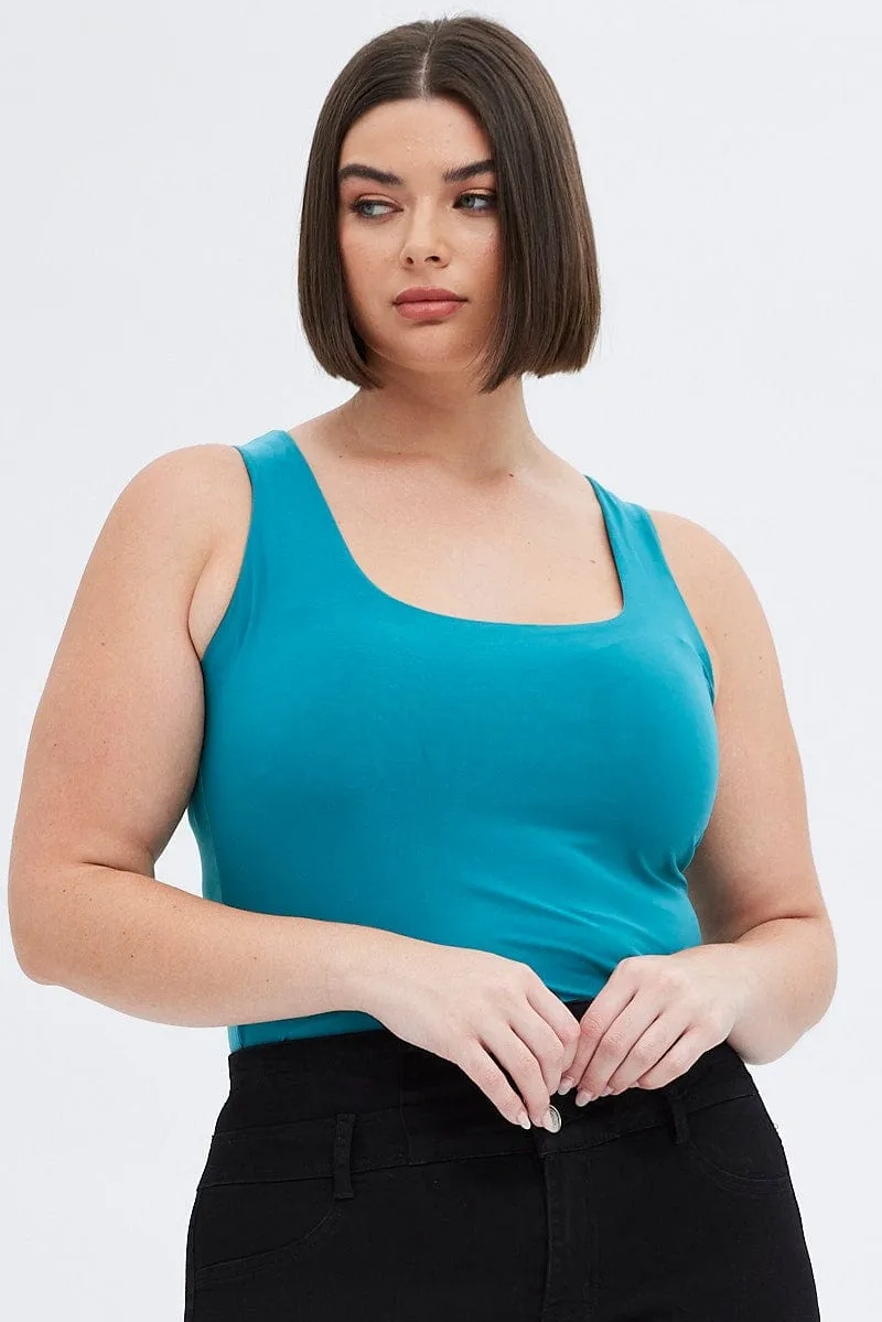 Green Tank Top Double Layer Square Neck