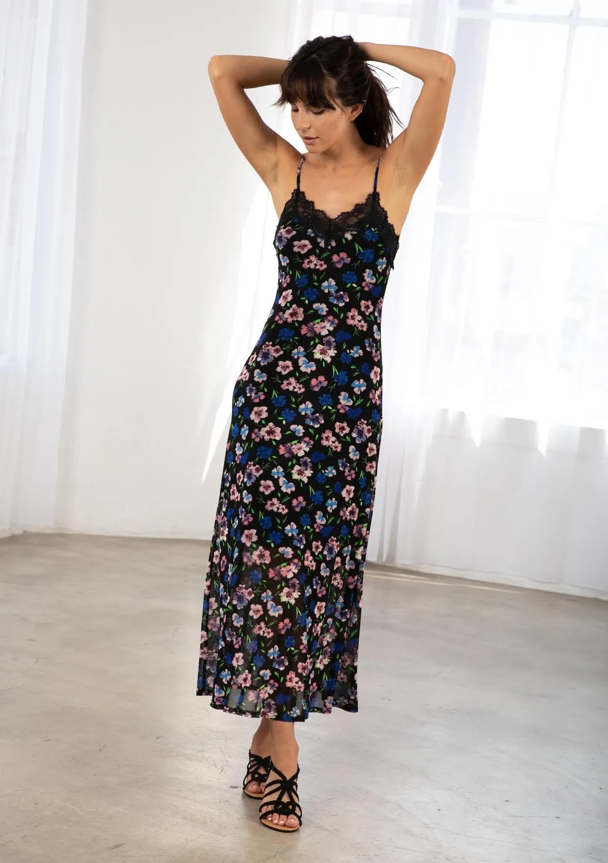 Jada Sheer Mesh Floral Print Maxi Dress