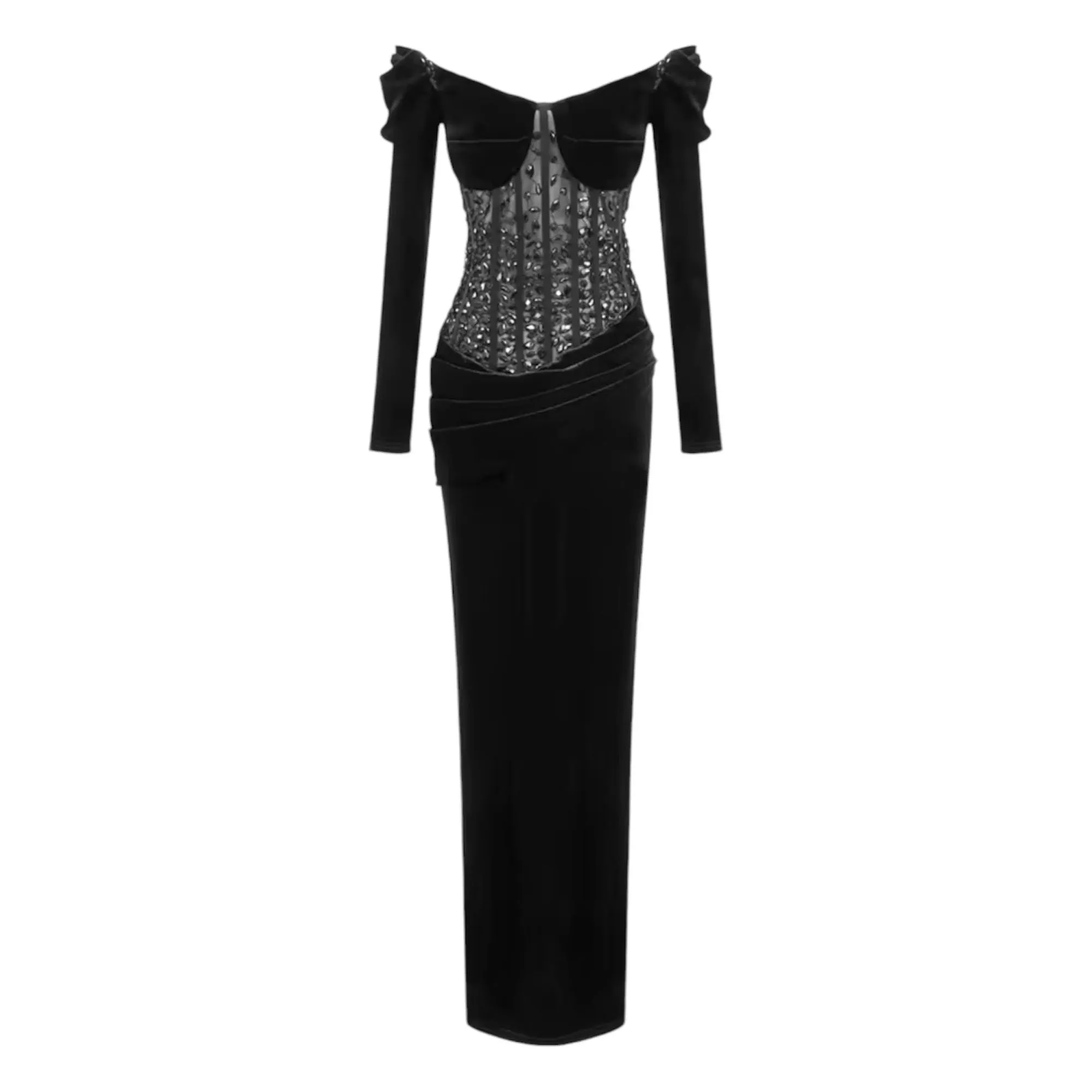 KARA Black Beaded  Off Shoulder Maxi Dress
