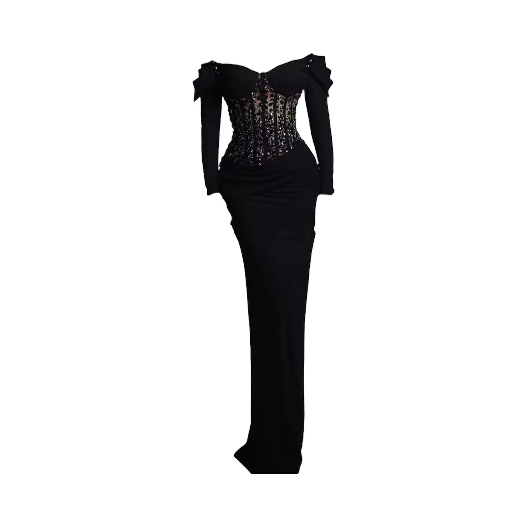 KARA Black Beaded  Off Shoulder Maxi Dress